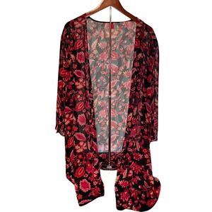 Josie Kimono Floral Print Pink Red Black Lightweight Open Front Cover Up